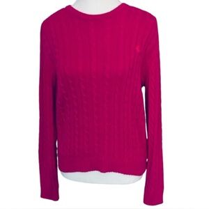 Ralph Lauren Fuchsia Cable Knit Sweater 10% Cotton Logo Embroidered Pink Medium